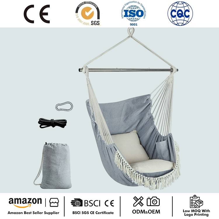 Silla colgante de macramé portátil con bolsillo lateral